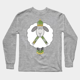 Cosy Winter Sheep With Green and Yellow Tartan Hat, Scarf and Boots Long Sleeve T-Shirt